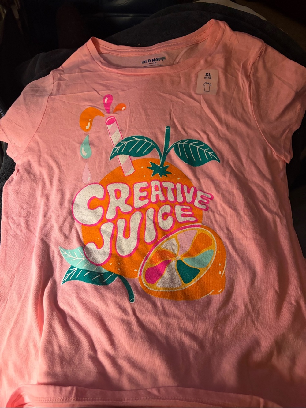 Old Navy Pink Graphic Tee with Orange & Teal 'Creative Juice' Print